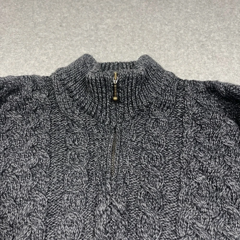 Kilronan Sweater Mens Medium Gray Cable Knit Fisherman 1/4 Zip 100% Merino Wool